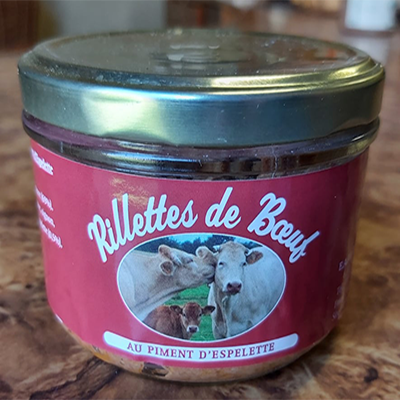 photo d'un pot rillettes de bœuf au piment d'Espelette, produit par "La ferme de la Jolitière".